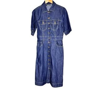 eShakti Denim Shirt Dress Womens S 6 Blue Button Front Midi Pockets Cotton